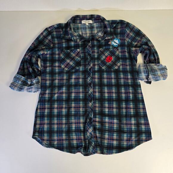 Urban Girl Plaid Roll tab Sleeve Button Down with iron on Patches size Medium - Picture 1 of 11